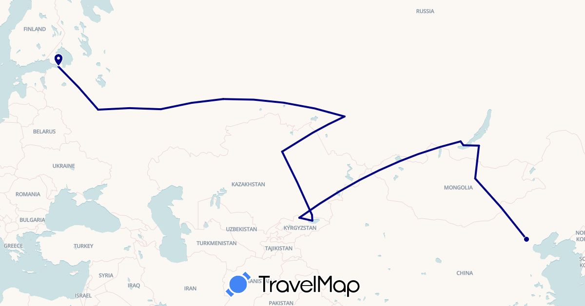 TravelMap itinerary: driving in China, Kyrgyzstan, Kazakhstan, Mongolia, Russia (Asia, Europe)